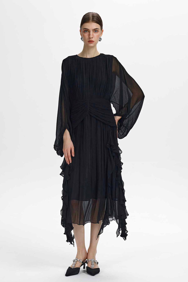 Calypso Ruched-Waist Ruffle Midi Dress
