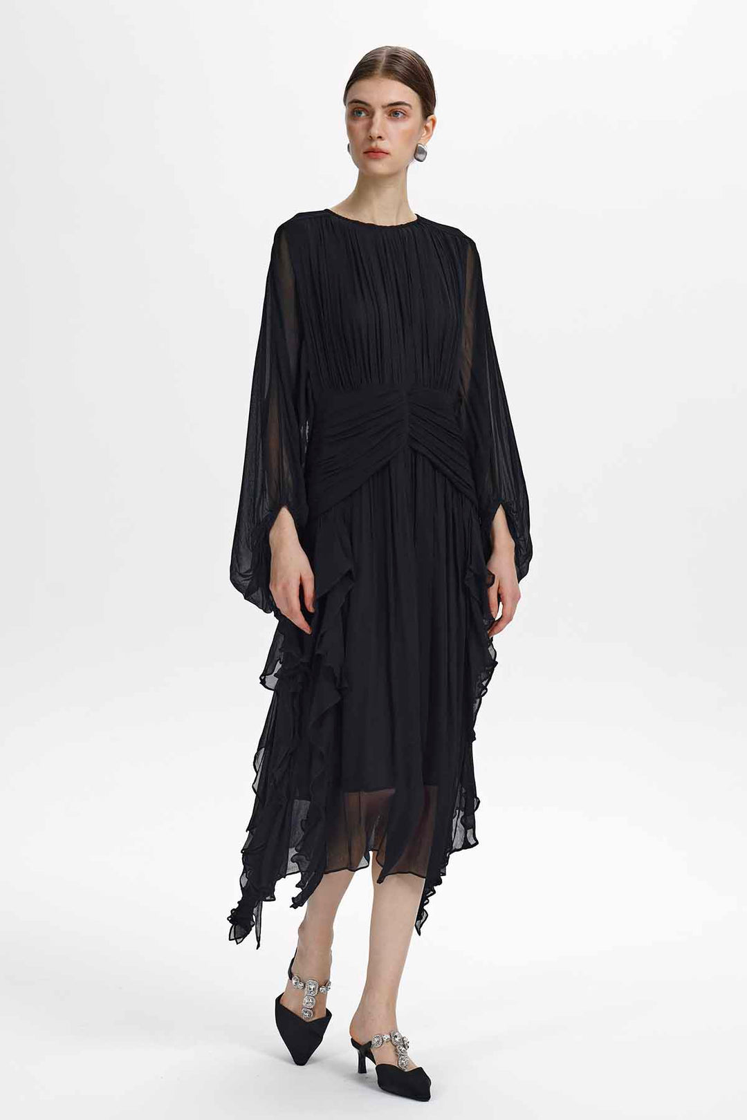 Calypso Ruched-Waist Ruffle Midi Dress
