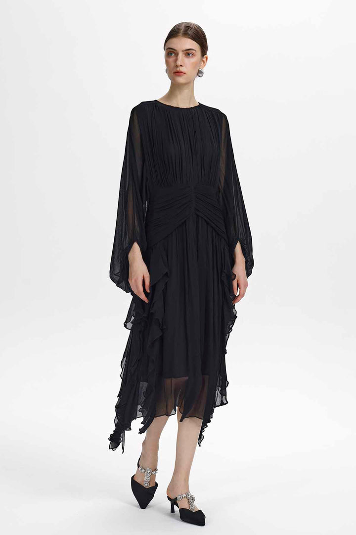 Calypso Ruched-Waist Ruffle Midi Dress