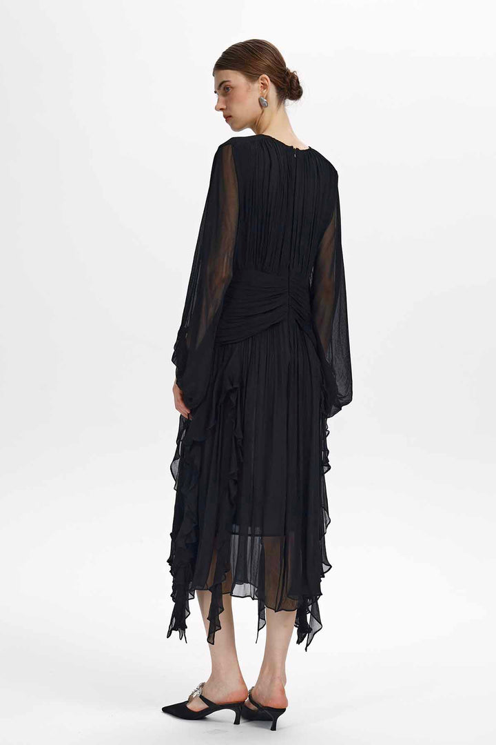 Calypso Ruched-Waist Ruffle Midi Dress