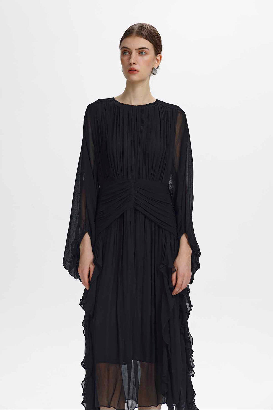 Calypso Ruched-Waist Ruffle Midi Dress