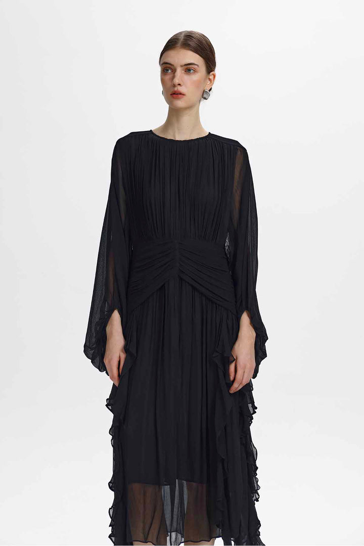 Calypso Ruched-Waist Ruffle Midi Dress