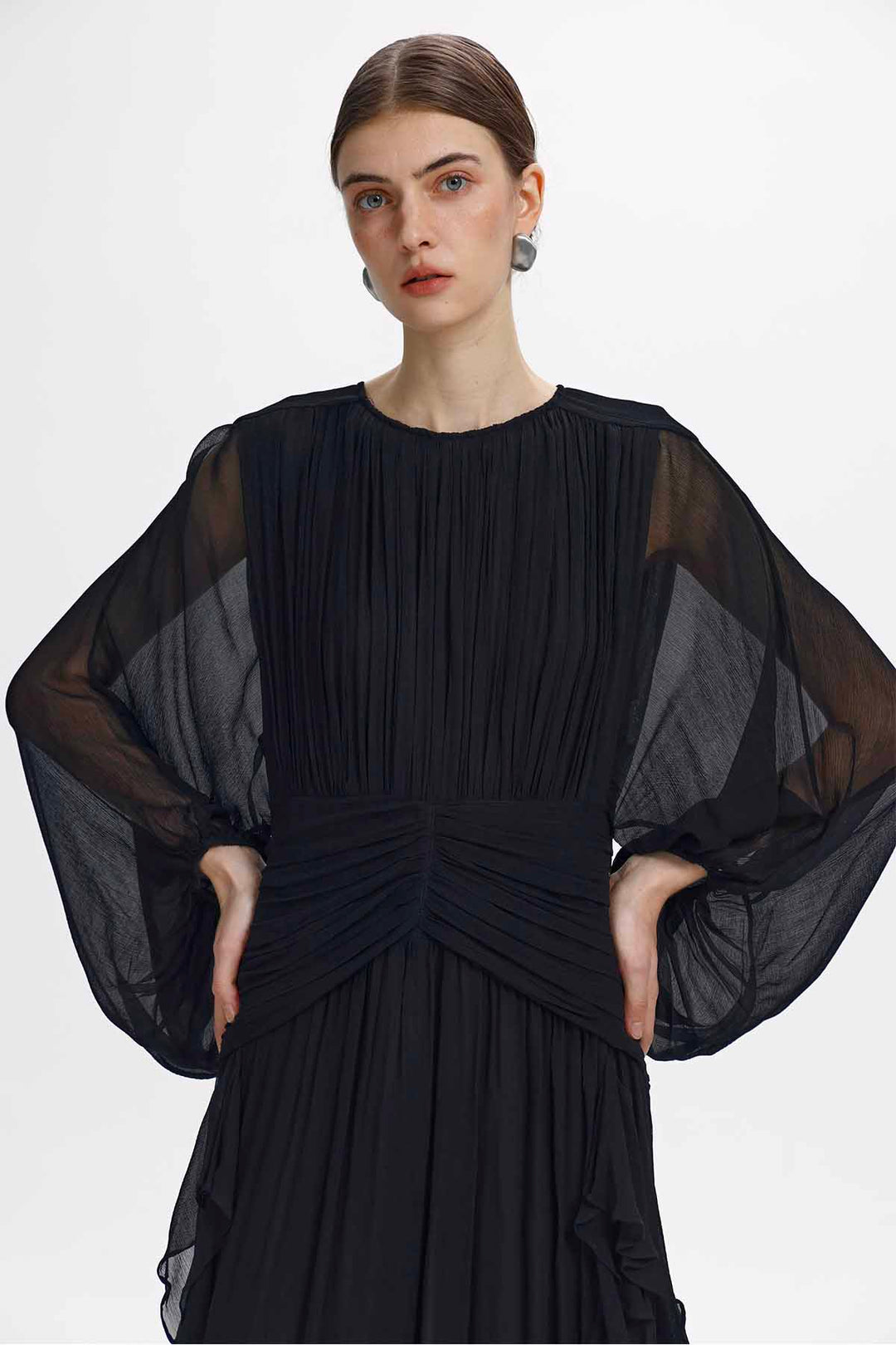Calypso Ruched-Waist Ruffle Midi Dress