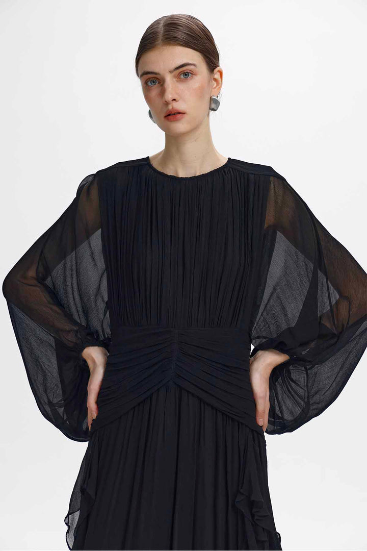 Calypso Ruched-Waist Ruffle Midi Dress