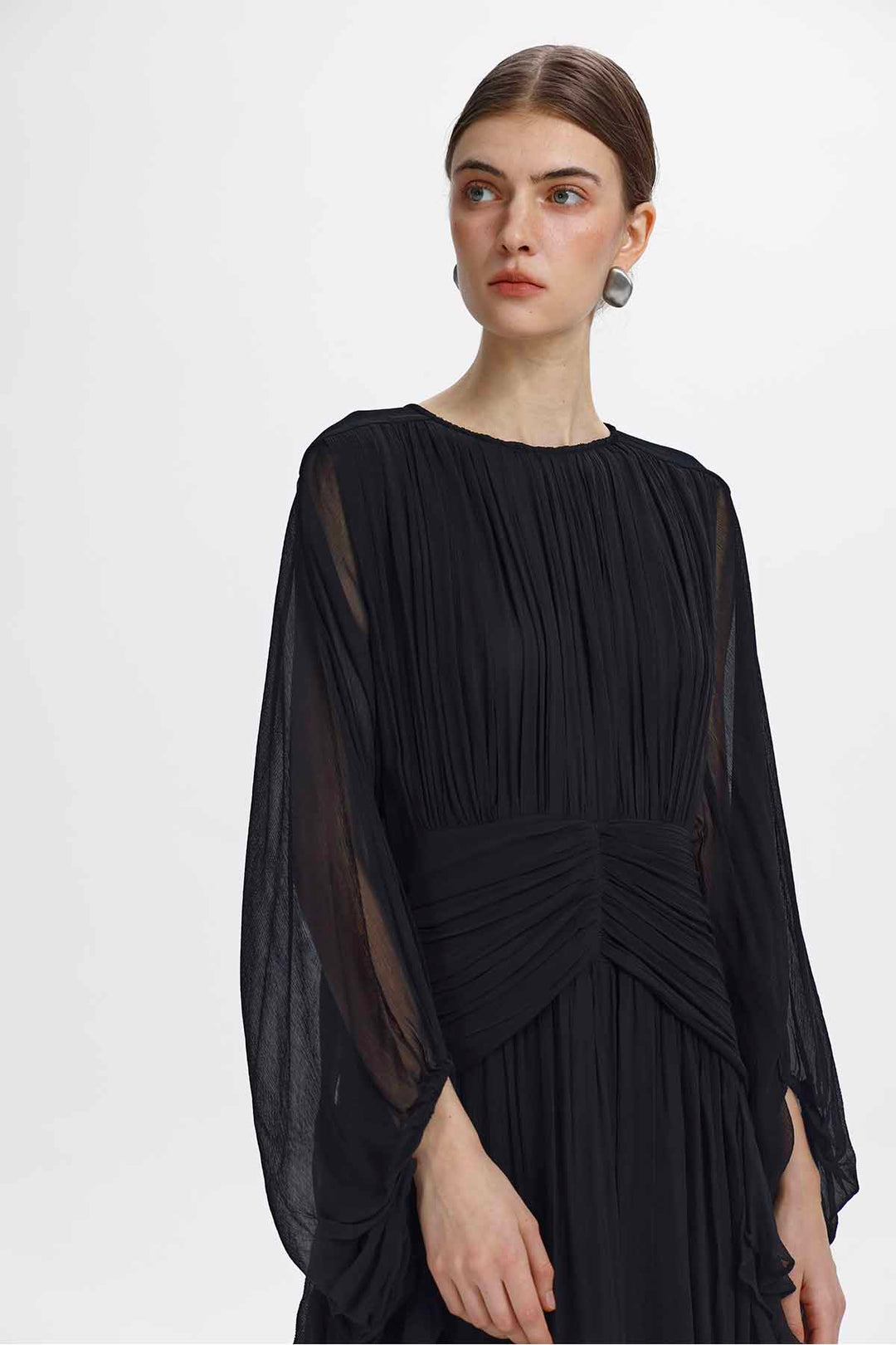 Calypso Ruched-Waist Ruffle Midi Dress