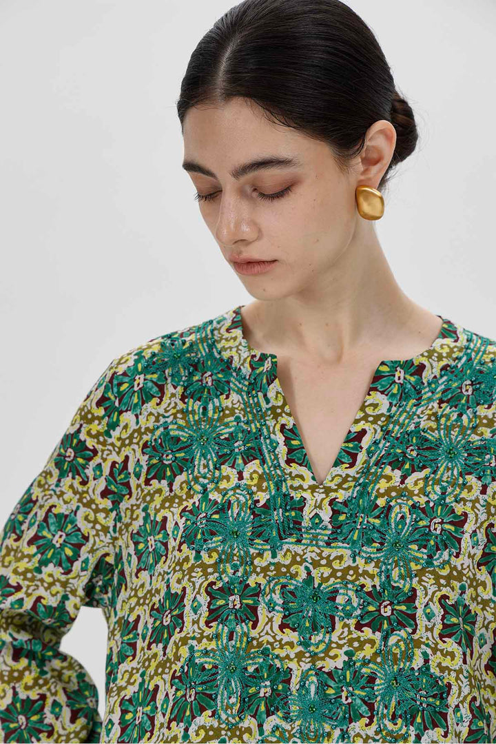 Thisbe Grünes Mosaik-Seidenkleid