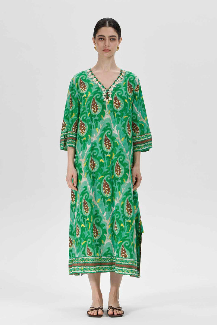 Talia Perlenbesetztes, smaragdgrünes Paisley-Seidenkleid