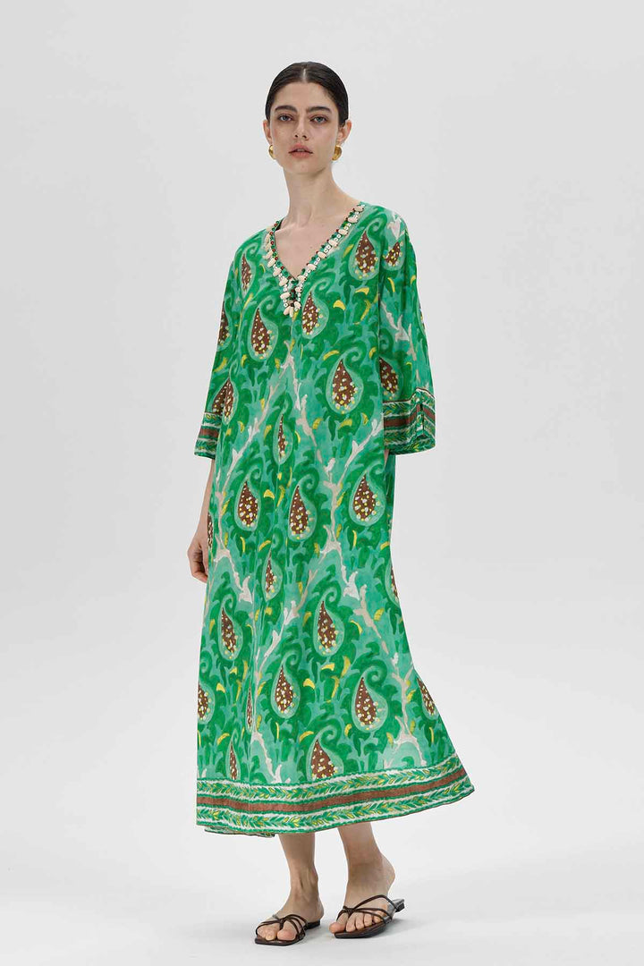 Talia Perlenbesetztes, smaragdgrünes Paisley-Seidenkleid