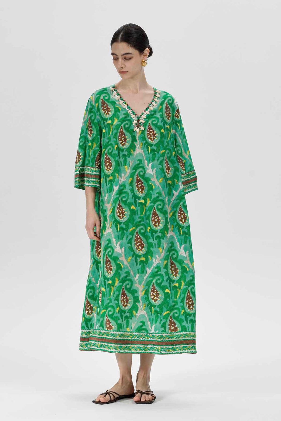 Talia Perlenbesetztes, smaragdgrünes Paisley-Seidenkleid