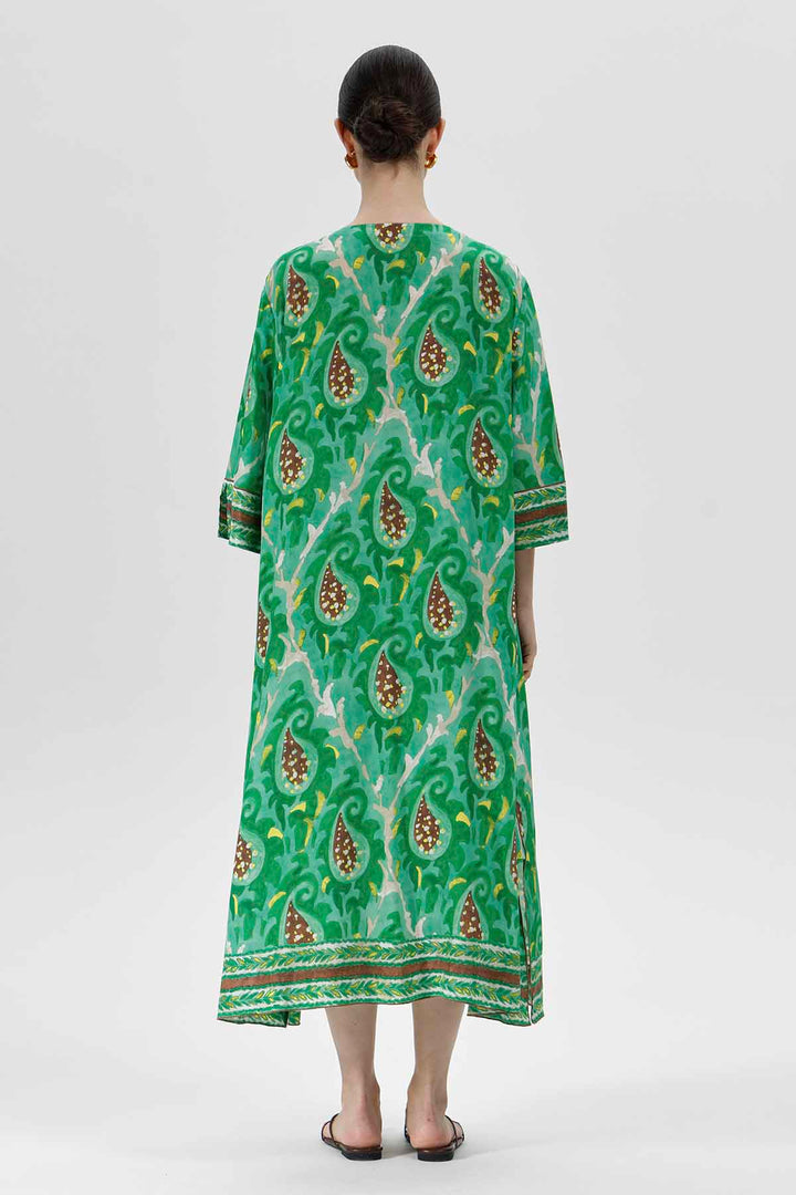 Talia Perlenbesetztes, smaragdgrünes Paisley-Seidenkleid