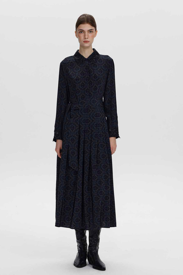 Vestido de seda plissado de manga comprida Clara Navy