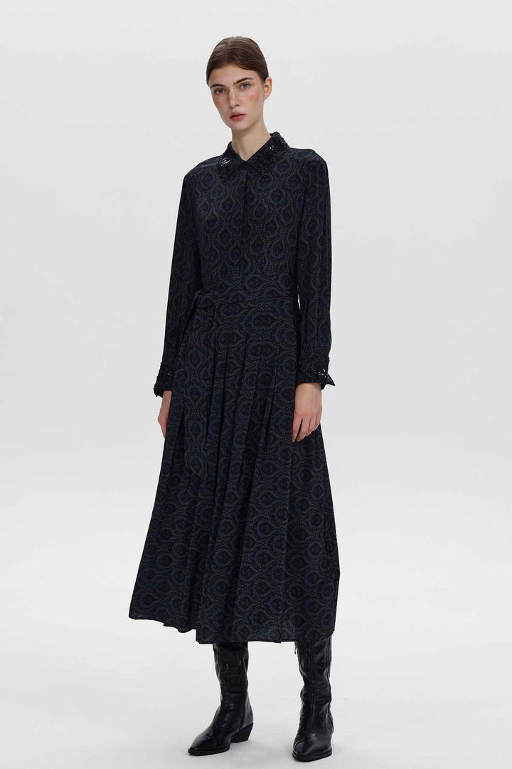 Vestido de seda plissado de manga comprida Clara Navy