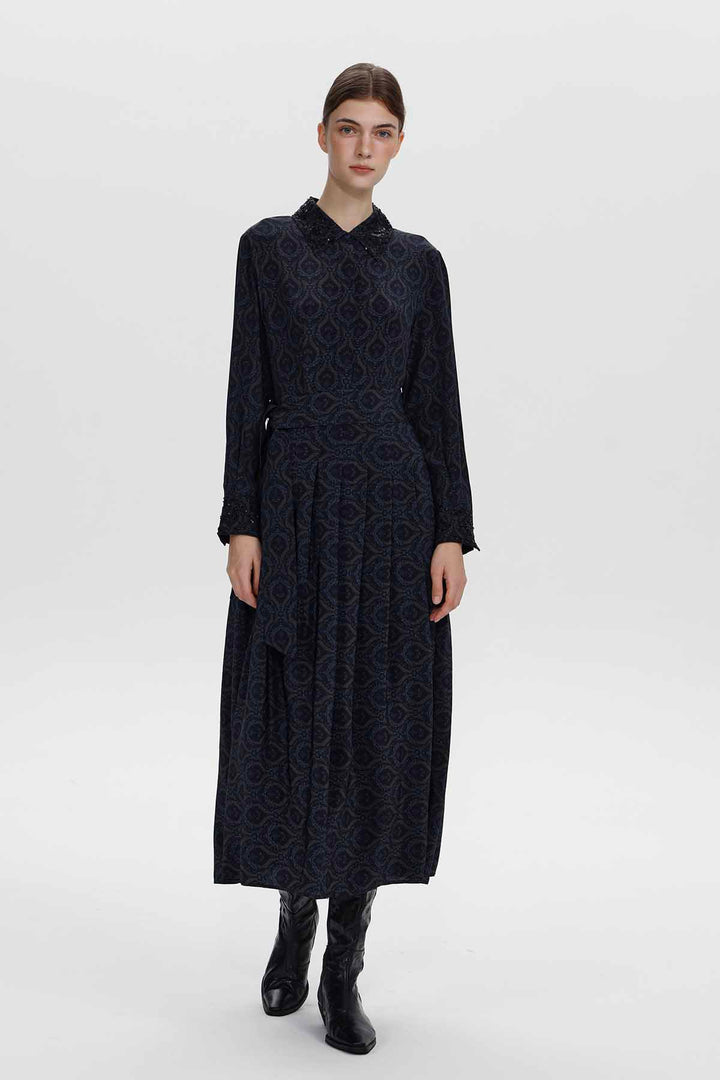 Vestido de seda plissado de manga comprida Clara Navy