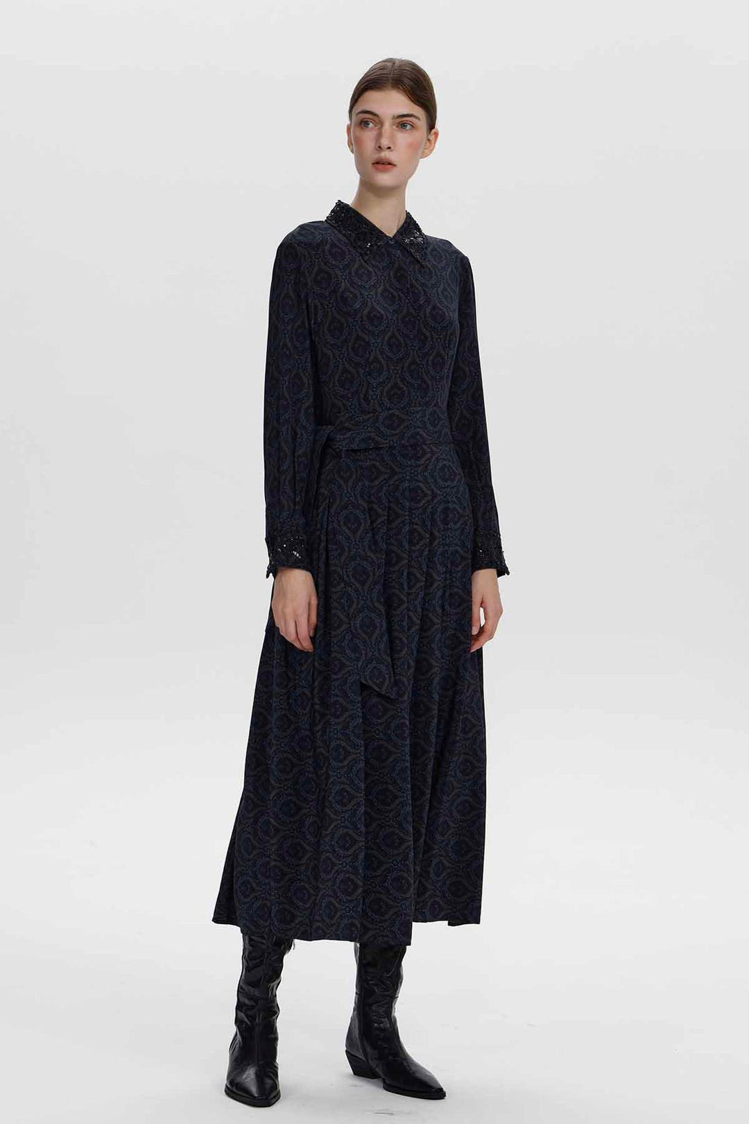 Vestido de seda plissado de manga comprida Clara Navy