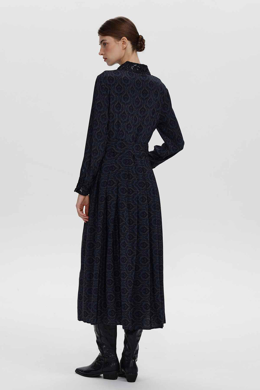 Vestido de seda plissado de manga comprida Clara Navy