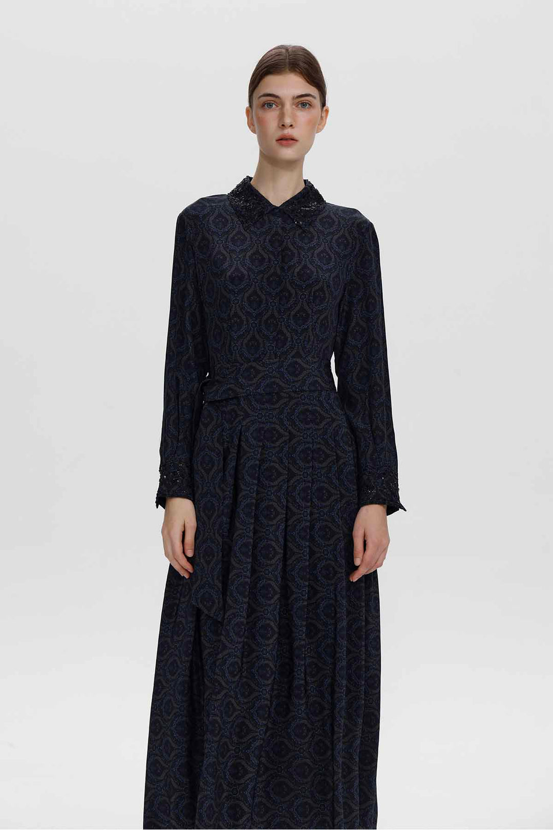 Vestido de seda plissado de manga comprida Clara Navy