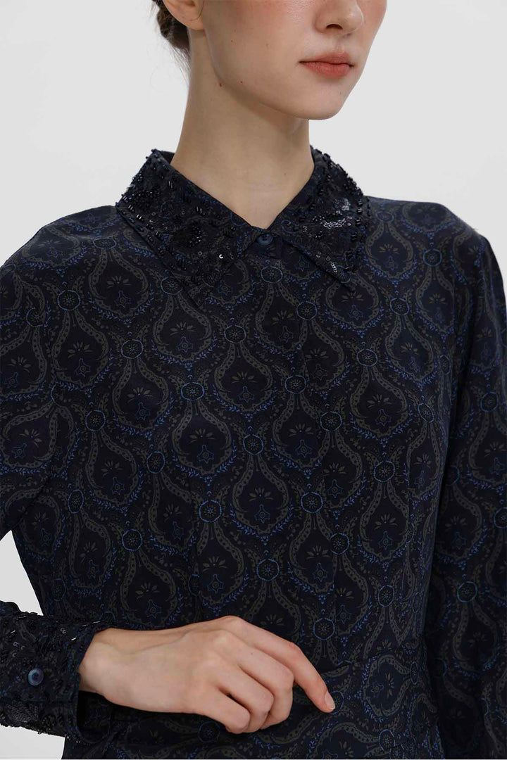 Vestido de seda plissado de manga comprida Clara Navy