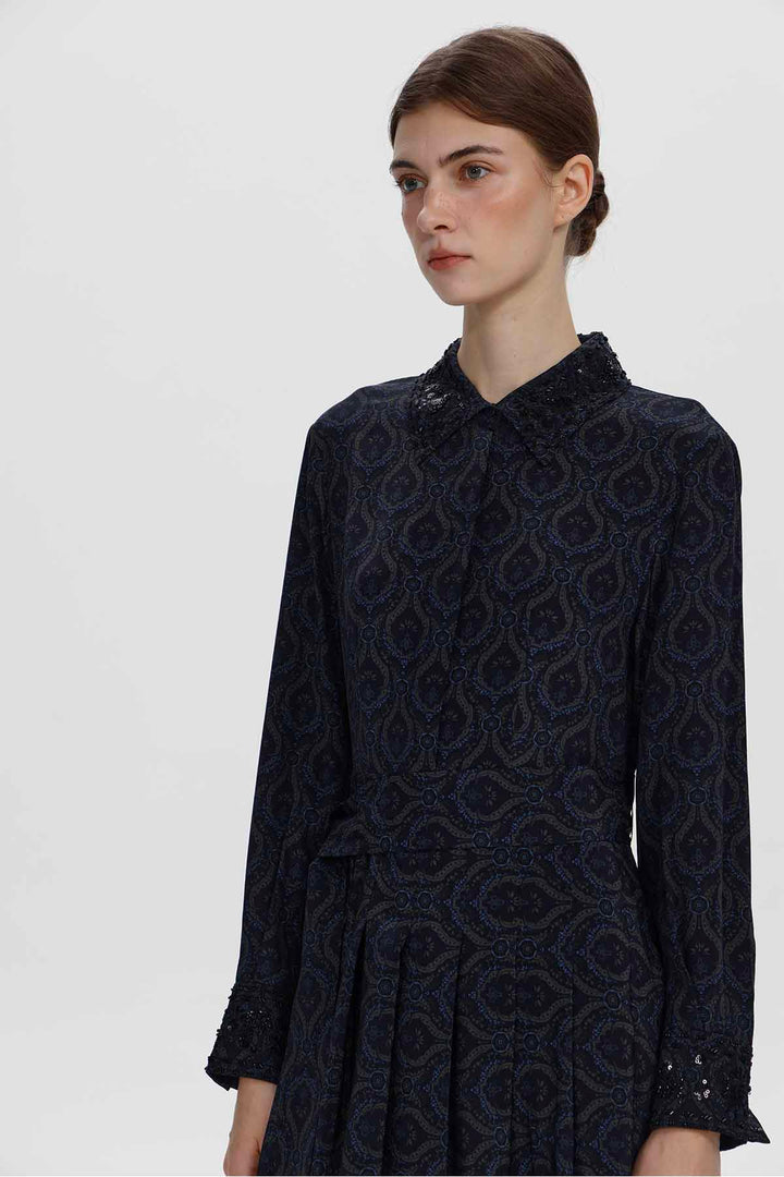 Vestido de seda plissado de manga comprida Clara Navy