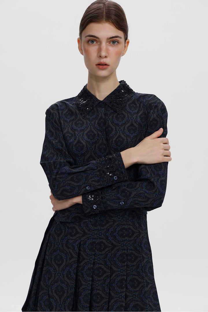 Vestido de seda plissado de manga comprida Clara Navy