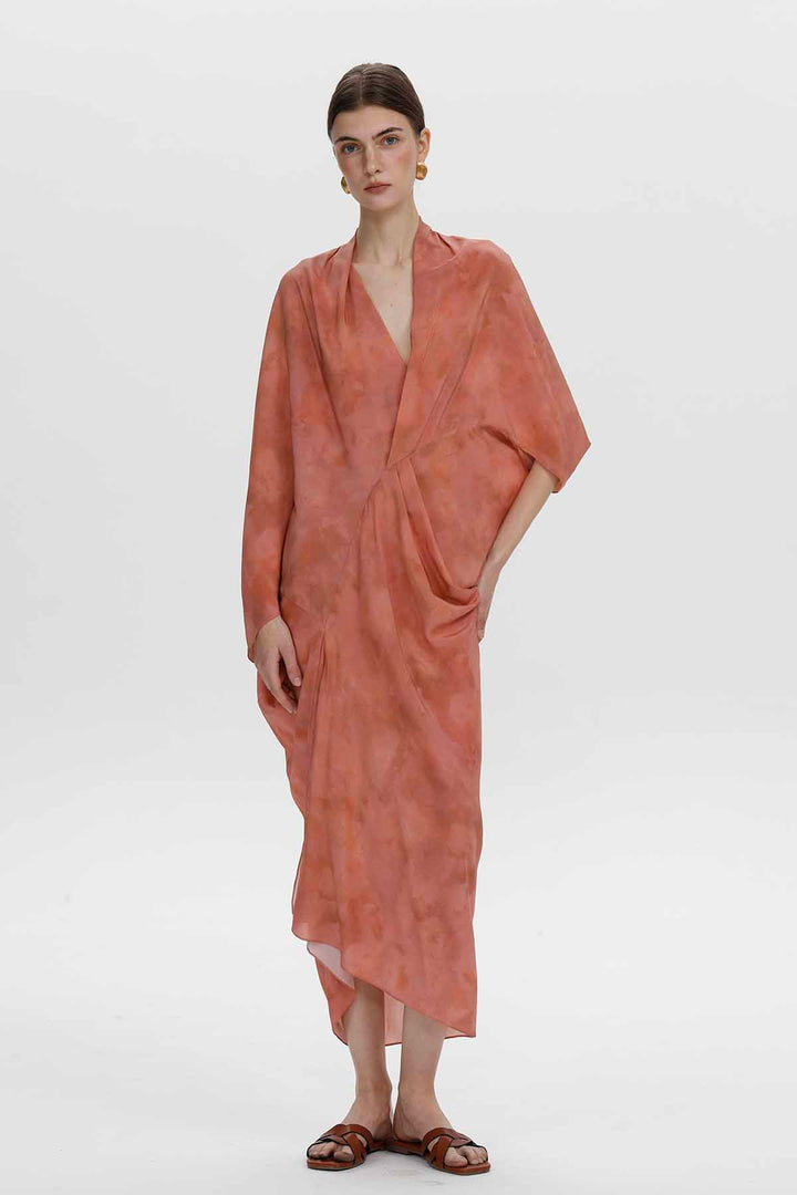 Aeris Draped Silk Dress - Coral Pink