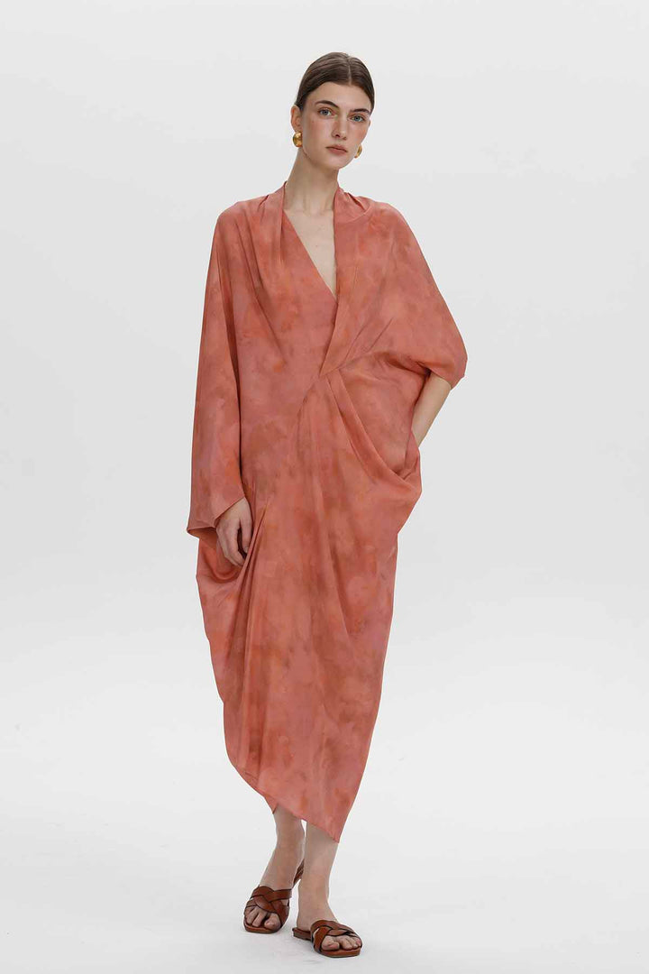 Aeris Draped Silk Dress - Coral Pink