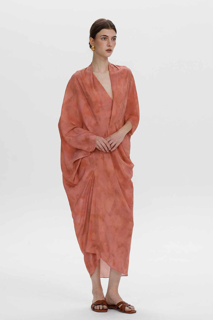 Aeris Draped Silk Dress - Coral Pink