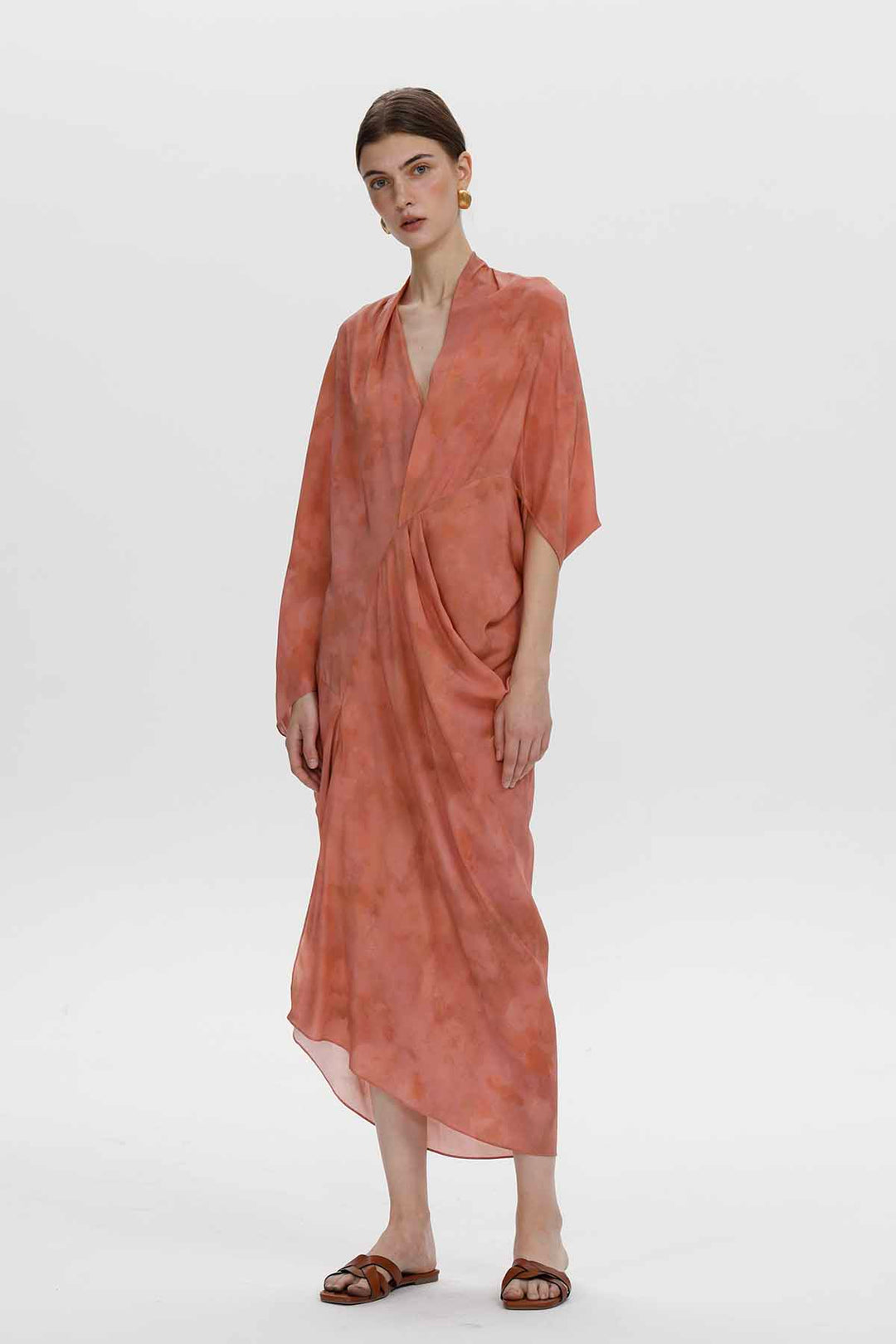 Aeris Draped Silk Dress - Coral Pink