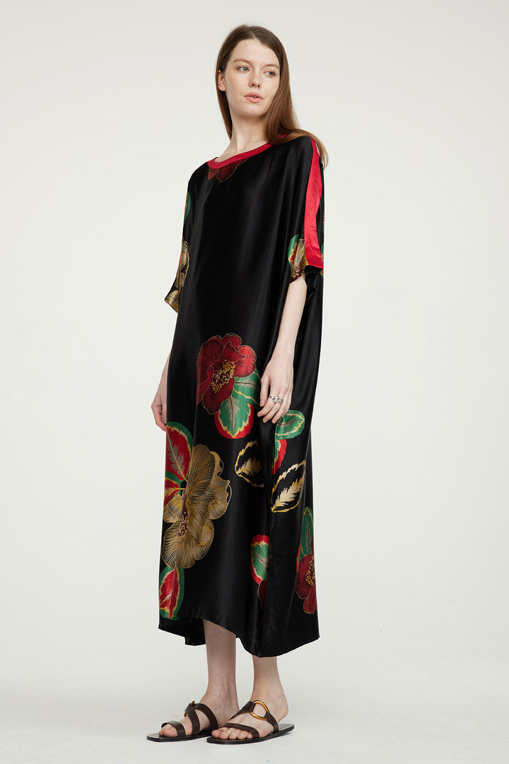 Flower Print Cozy Maxi Silk Dress - Red