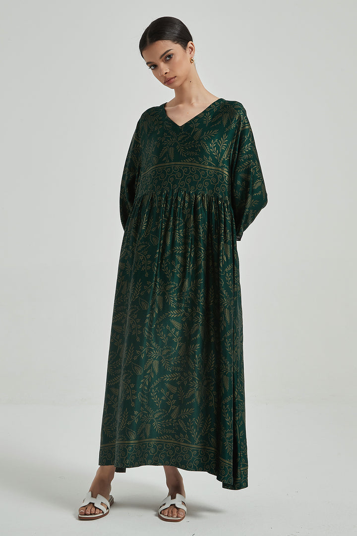 V-Neck Retro Print Elegant Cozy Silk Dress - GREEN