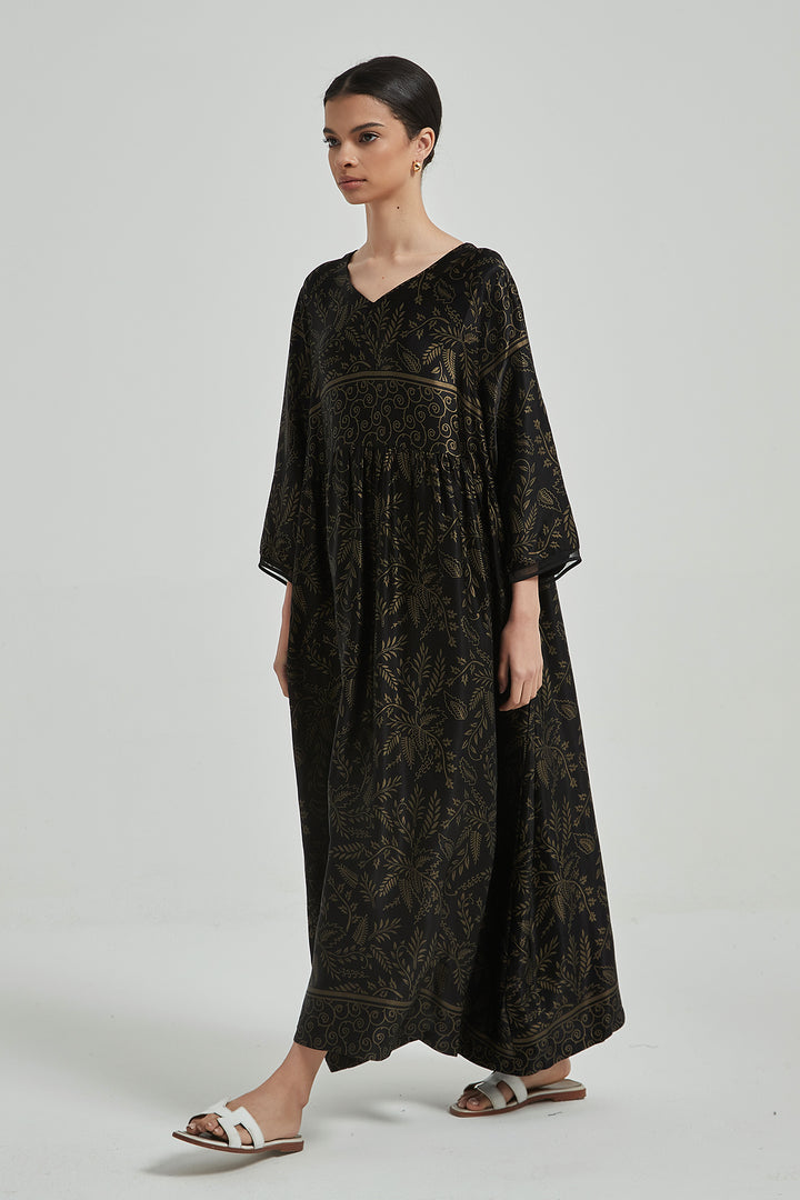 V-Neck Retro Print Elegant Cozy Silk Dress - BLACK