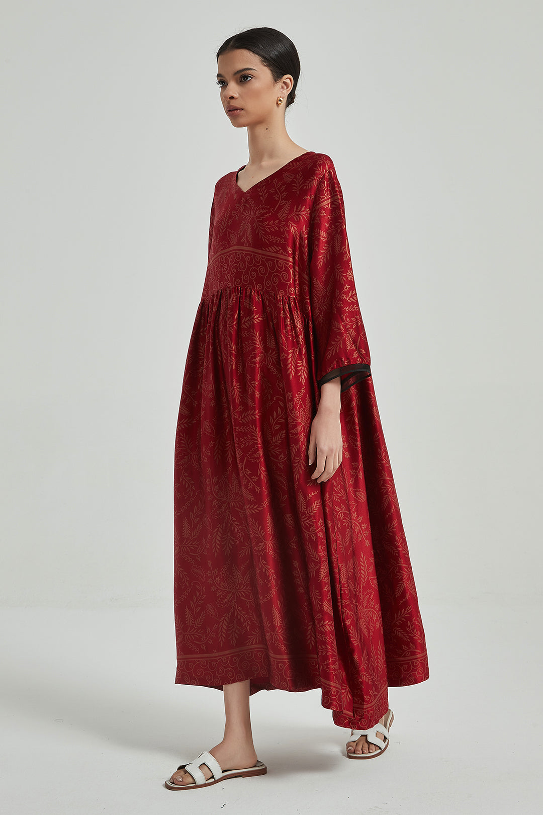 V-Neck Retro Print Elegant Cozy Silk Dress - RED