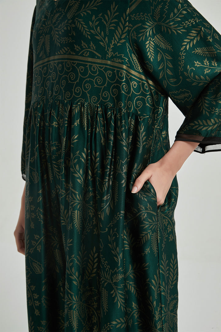 V-Neck Retro Print Elegant Cozy Silk Dress - GREEN