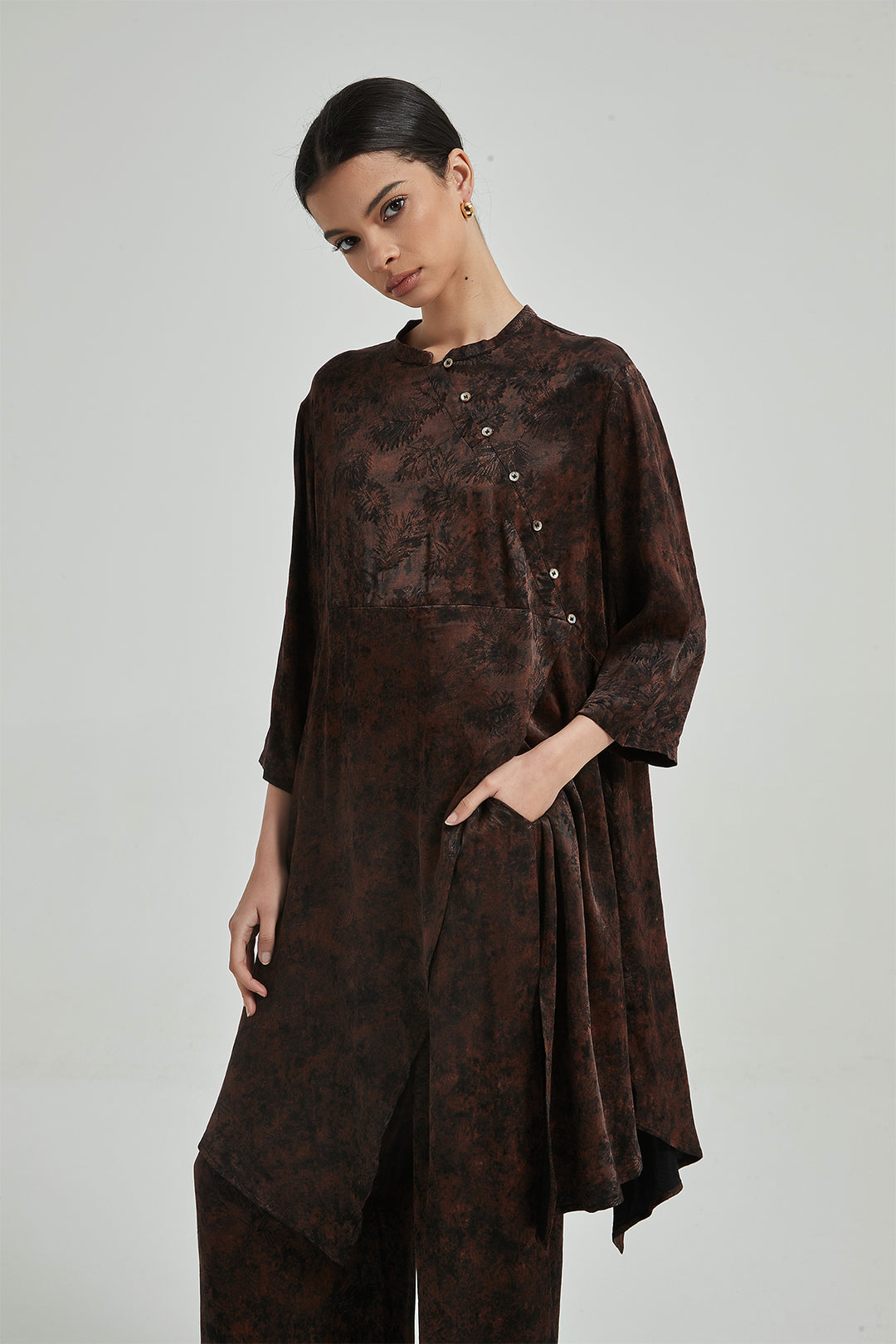 Button Design Irregular Wide Leg Silk Two Set