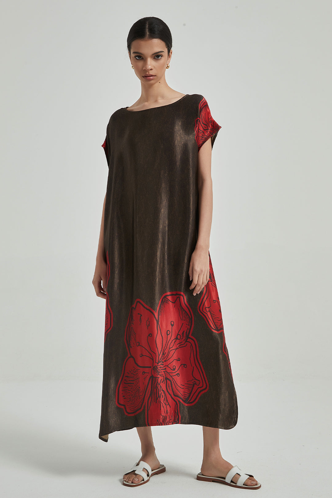 Metallic Oversize Cozy Big Flower Maxi Silk Dress - RED