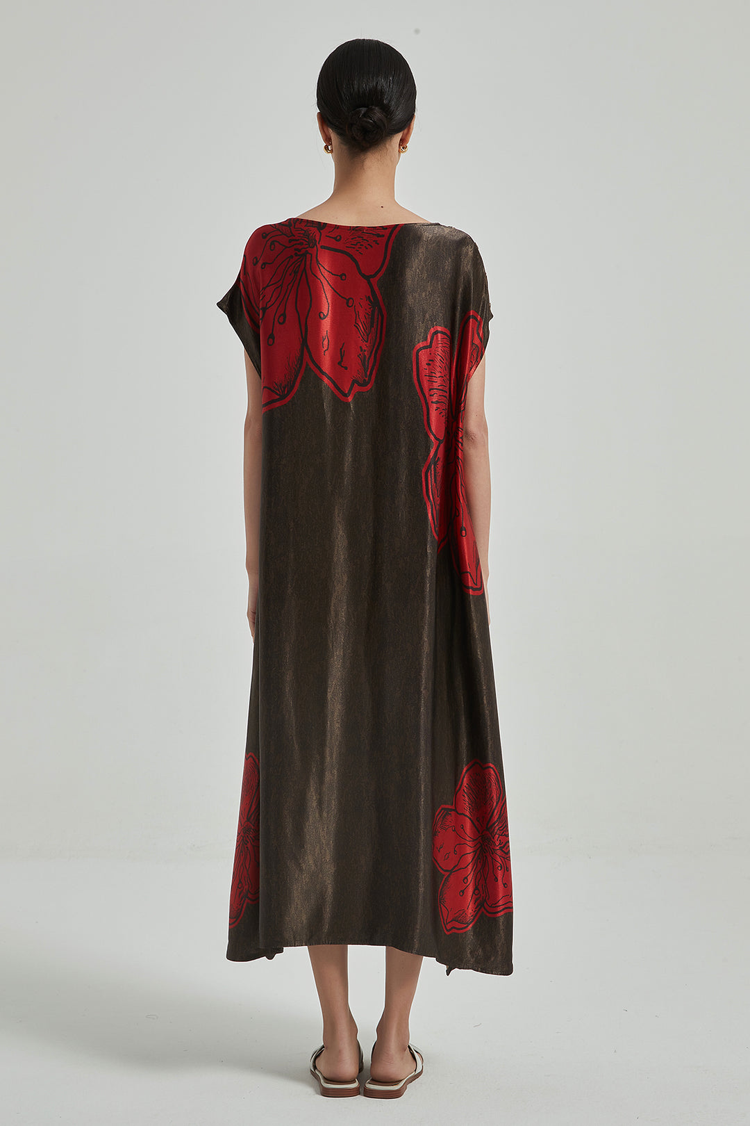 Metallic Oversize Cozy Big Flower Maxi Silk Dress - RED