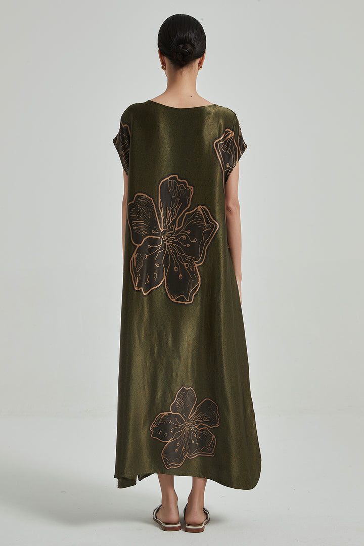 Metallic Oversize Cozy Big Flower Maxi Silk Dress - GREEN