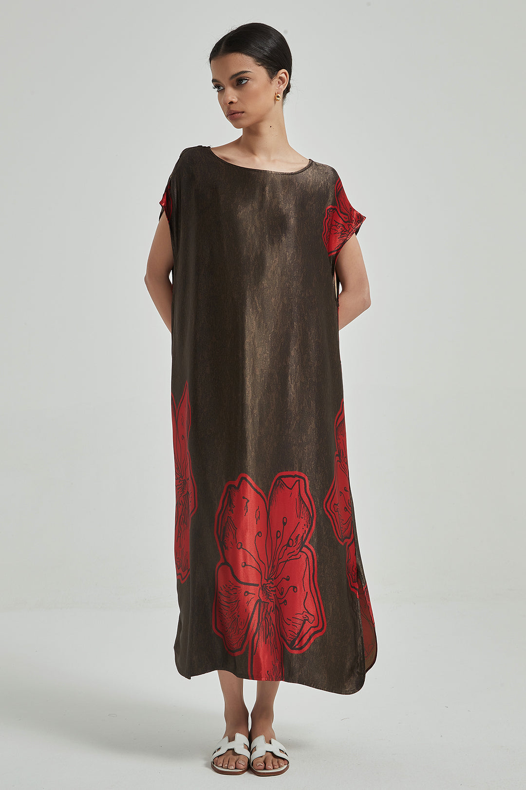 Metallic Oversize Cozy Big Flower Maxi Silk Dress - RED