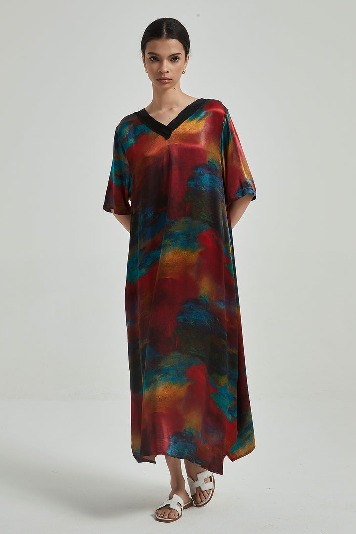 Retro Print V-Neck Oversize Maxi Dress