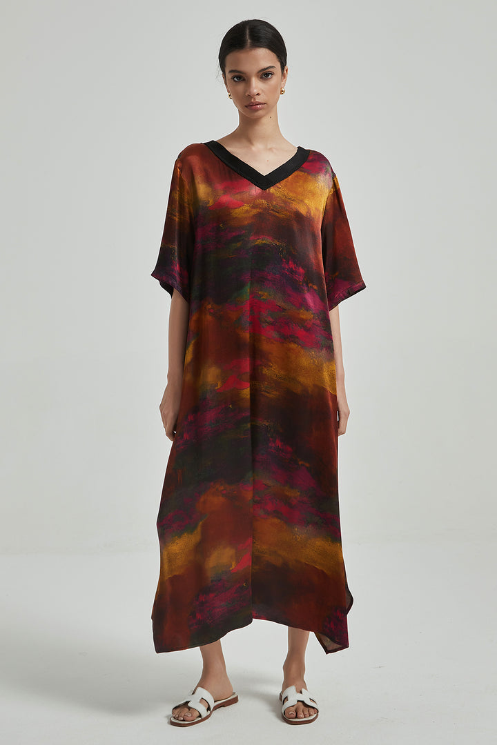 Retro Print V-Neck Oversize Maxi Dress