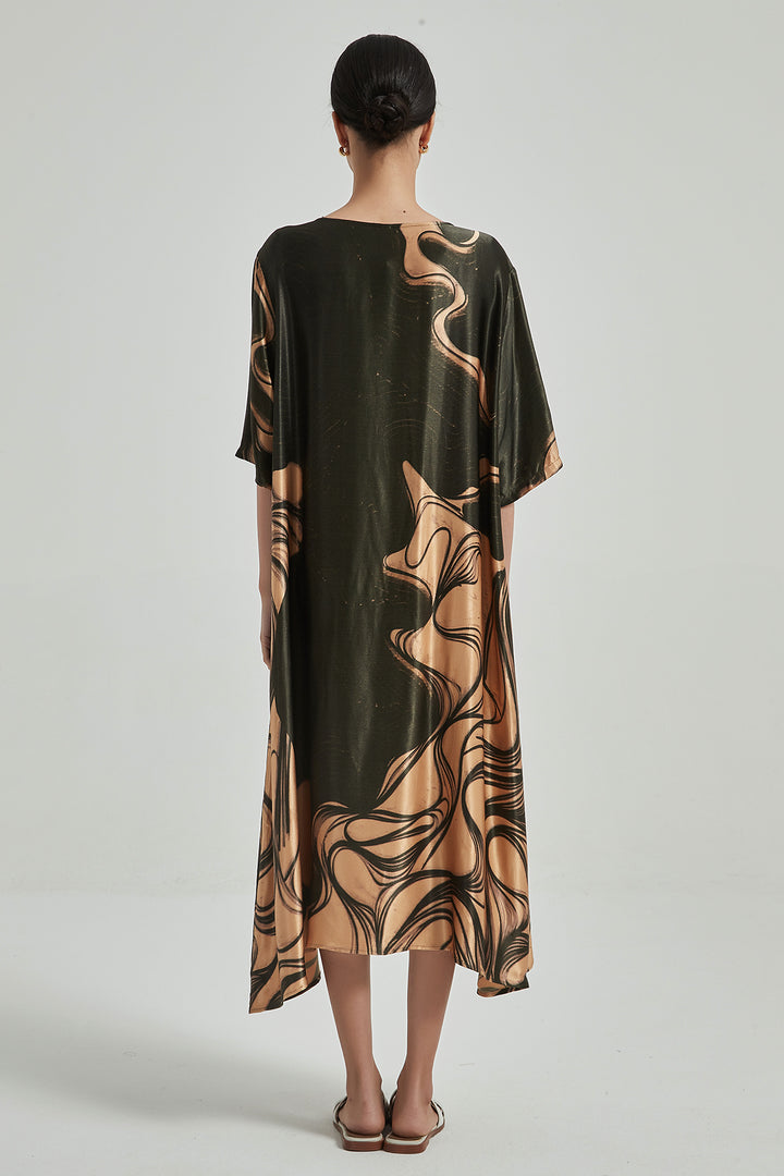 Abstract Print Short Sleeve Oversize Silk Dress