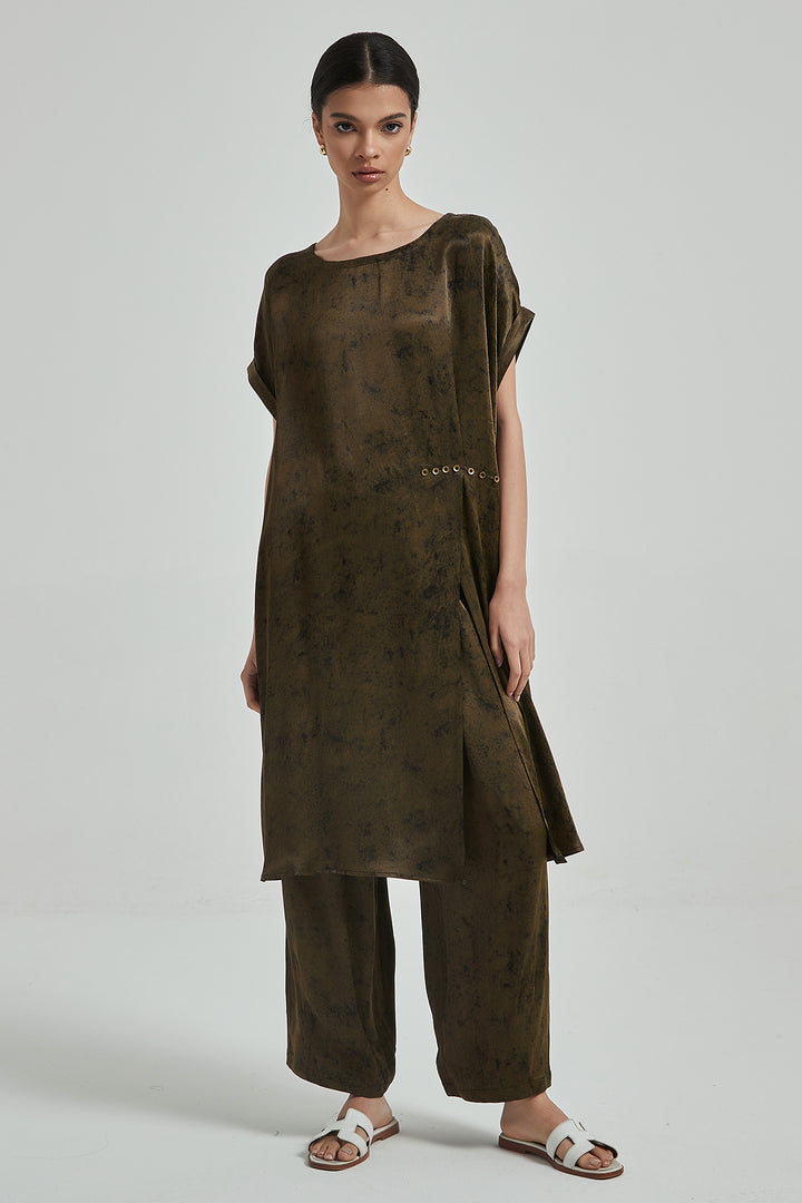 Short Sleeve Solid Silk Wide Leg Two Set - Brown