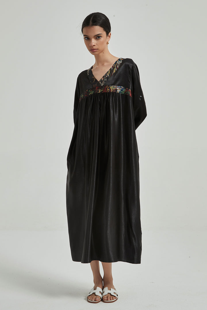 V-Neck Vintage Design Silk Dress