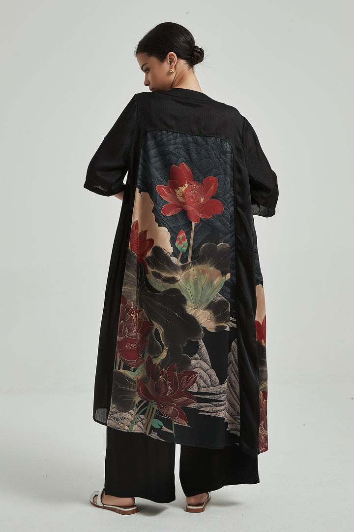 Vestido largo tipo cárdigan con estampado de flores vintage