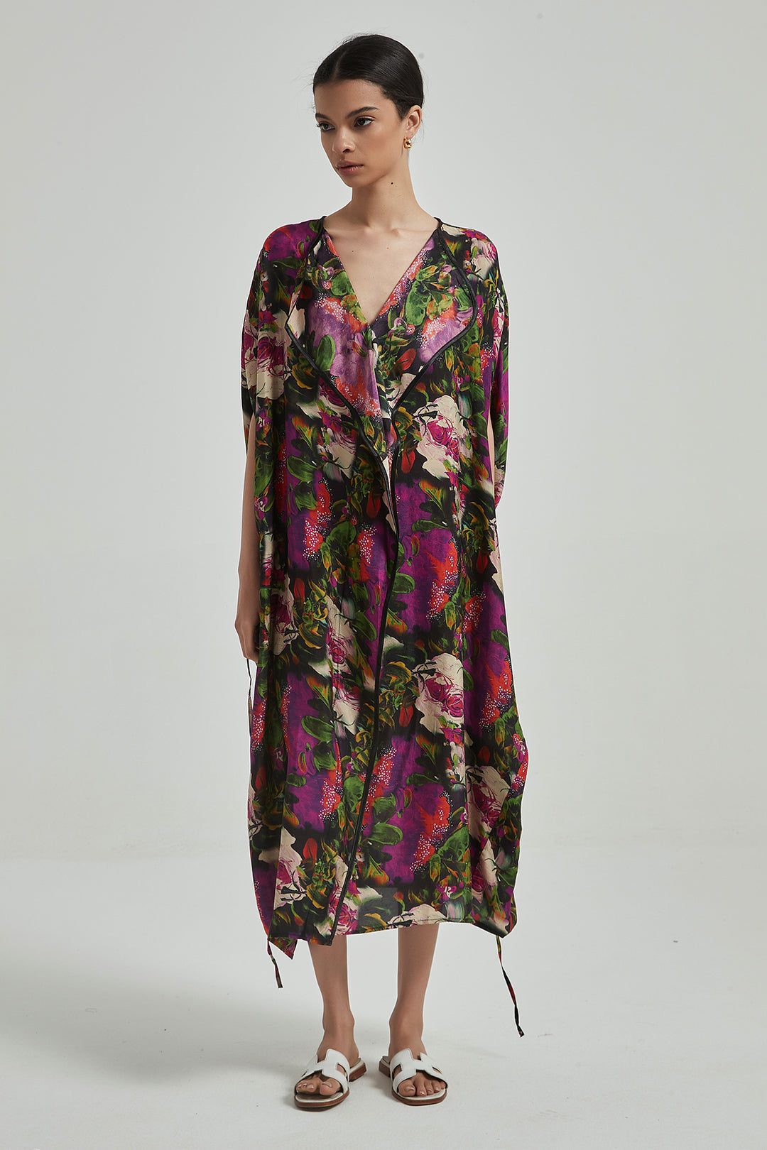 Flower Print V-Neck Summer Silk Dress