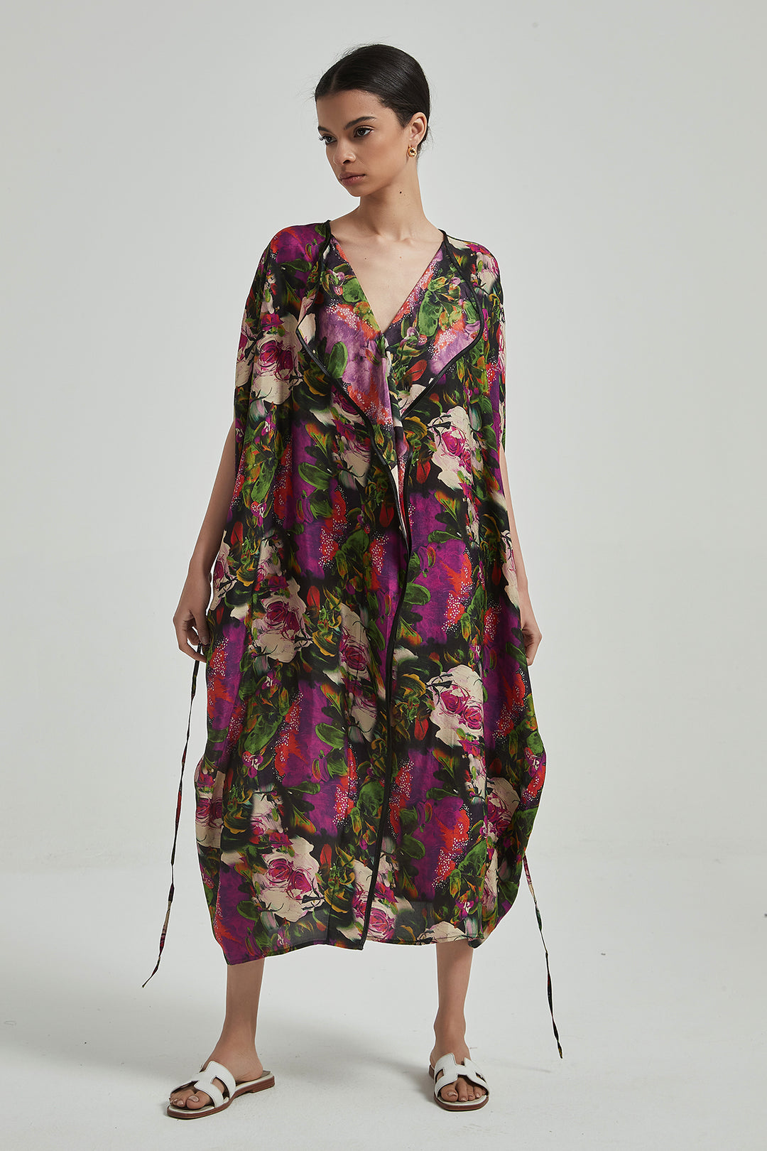 Flower Print V-Neck Summer Silk Dress