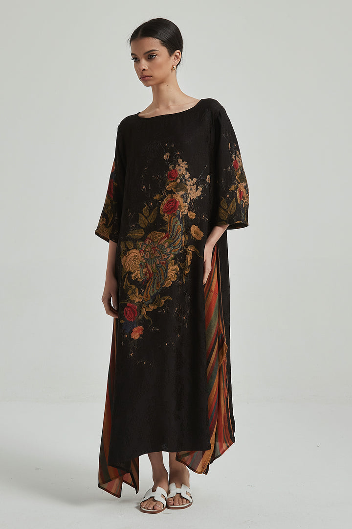 Retro Print Oversize Irregular Silk Dress