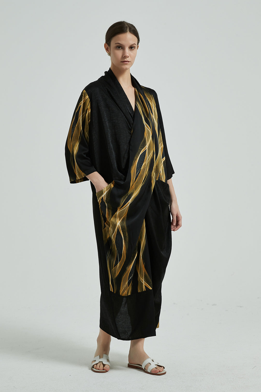 Cross Front Abstract Print Silk Dress