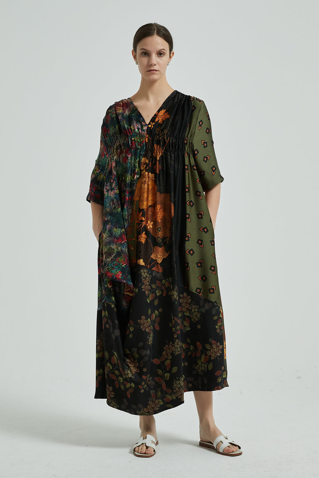 V-Neck Irregular Pleated Cozy Silk Dress