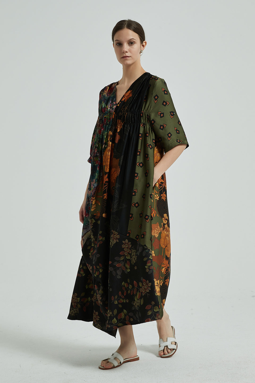 V-Neck Irregular Pleated Cozy Silk Dress