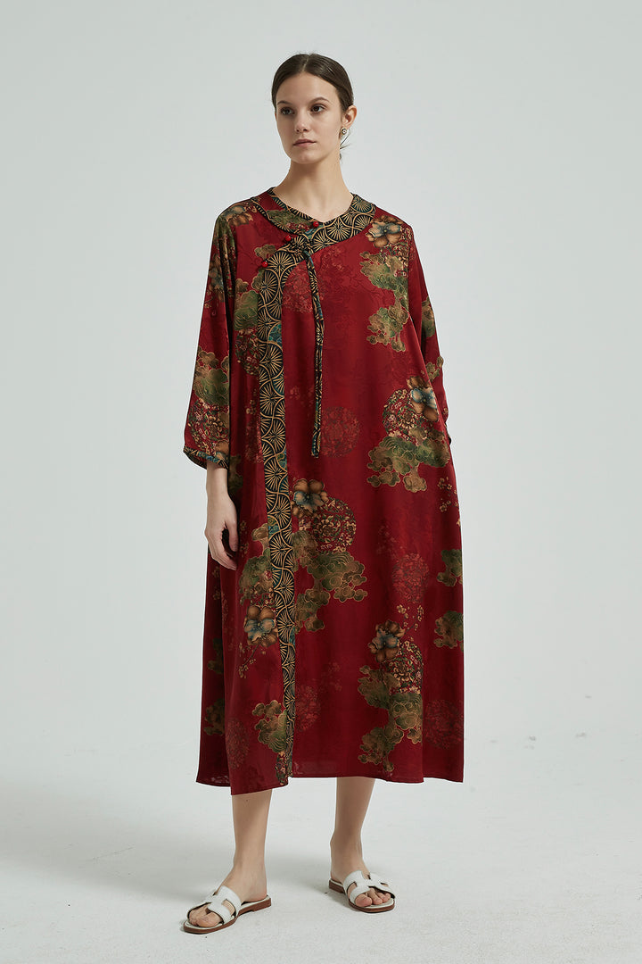 Robe Maxi Boutonnée Vintage en Soie avec Patchwork Floral Rouge